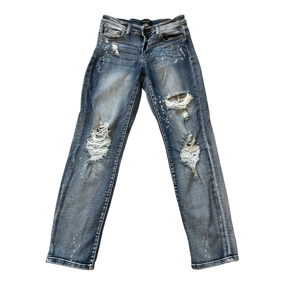 Judy Blue Denim - JUDY BLUE BOYFRIEND FIT DISTRESSED RIPPED STRAIGHT LEG BLUE DENIM SIZE 28